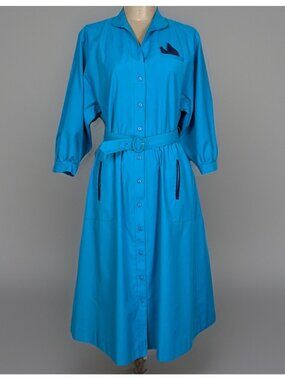 Willi of California Belted Shirt Dress Size 4 Teal Blue Secretary Vintage